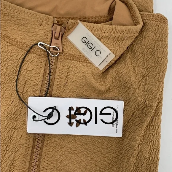 GIGI C Keelan romper textured camel tan zipper stretch keyhole activewear new L - Picture 5 of 5